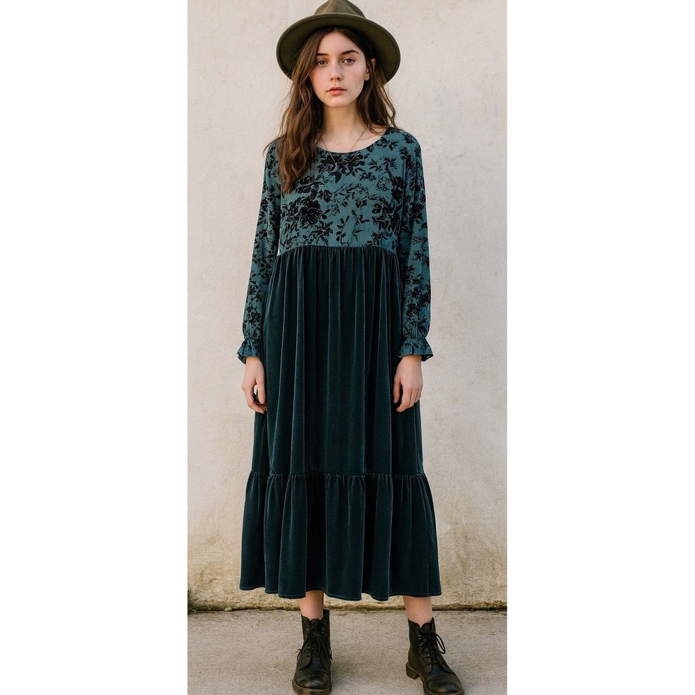 Suzanne Betro Blue‎ Floral Velvet Empire Midi Dress Whimsigoth Victorian XMAS L